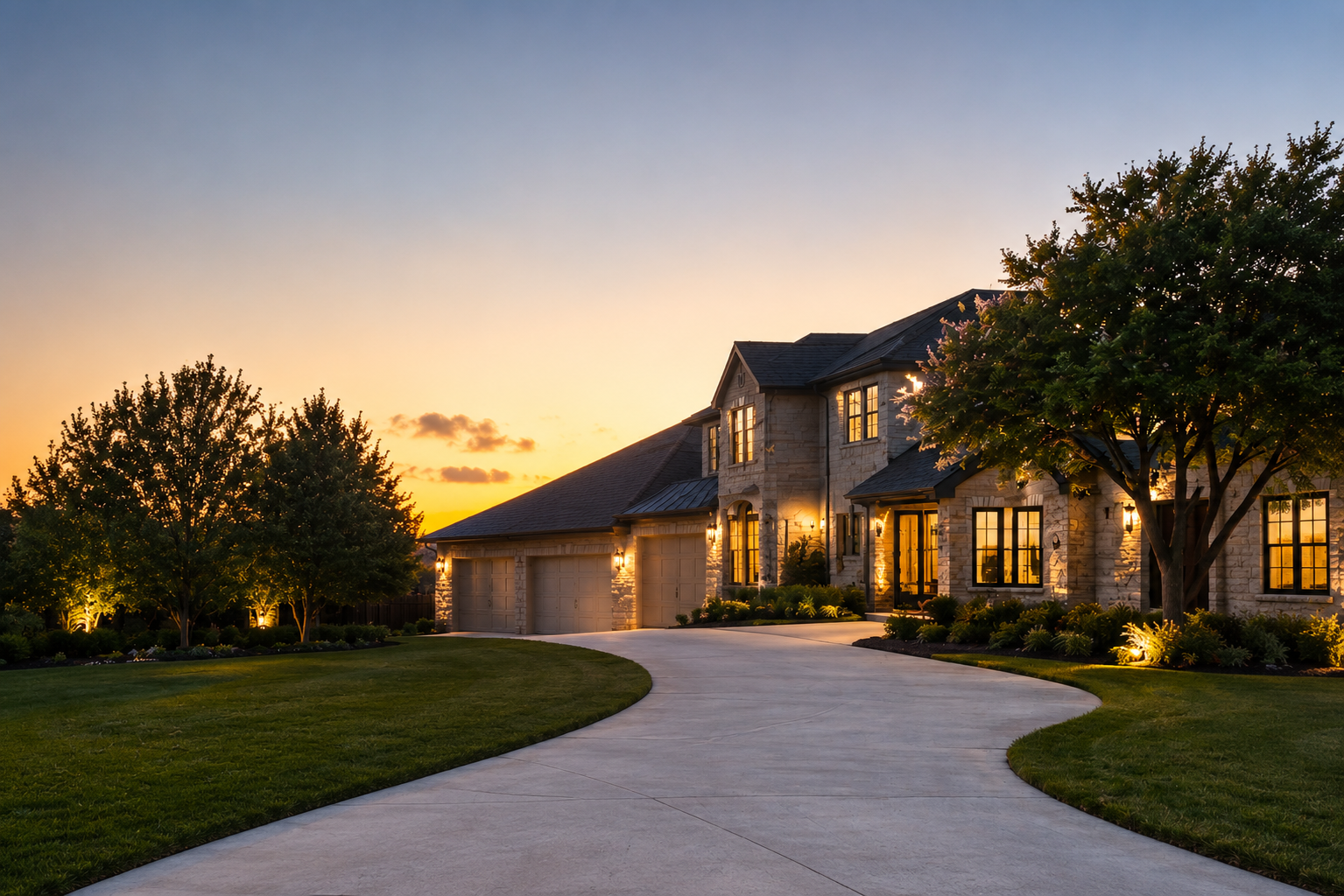 Home exterior at dusk with warm lighting