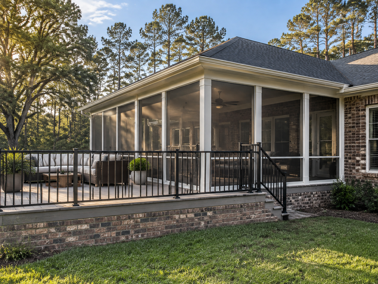 Covered screened porch and composite deck added to a brick home in Montgomery County