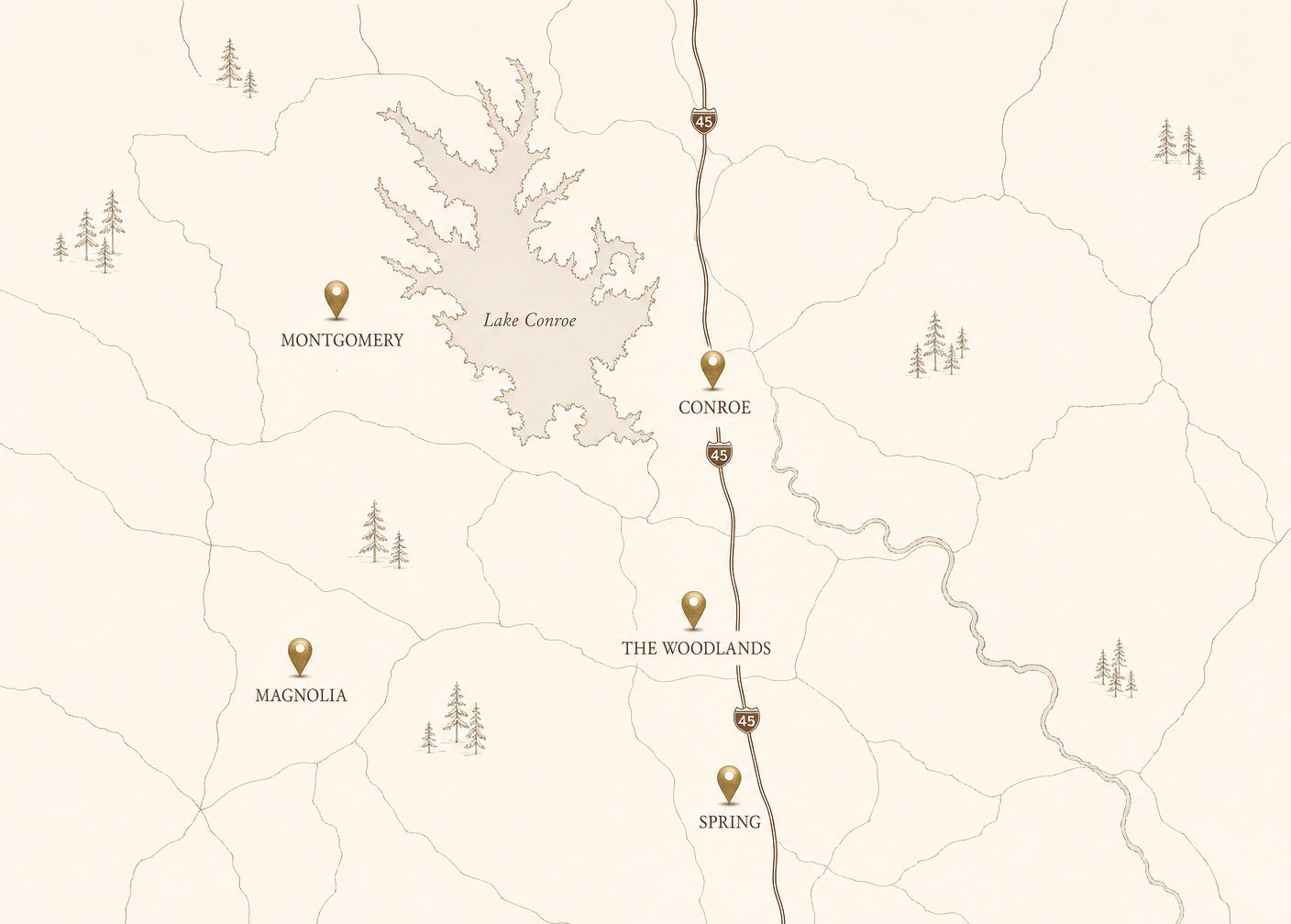 Illustrated map of OMNI Construction Services' service area across Montgomery County, Texas